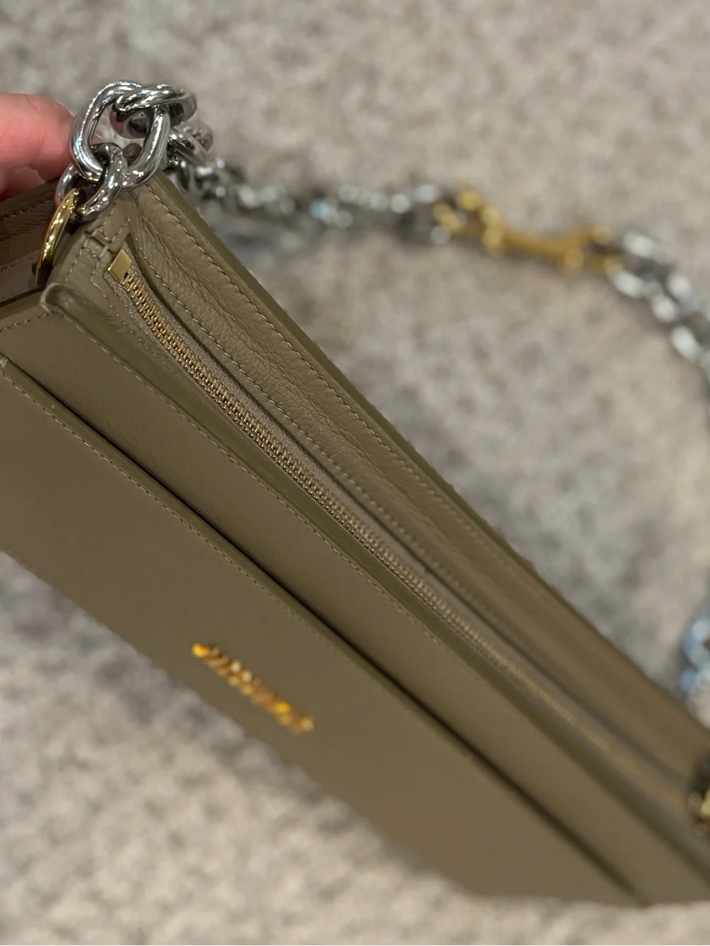 Jacquemus Olive Taupe Leather Shoulder Bag with Two-Tone Chain